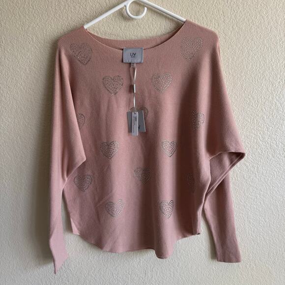 NWT Liv Milano Blush Shale Pink Rhinestone Heart Embellished Pullover Sweater M - Picture 2 of 9